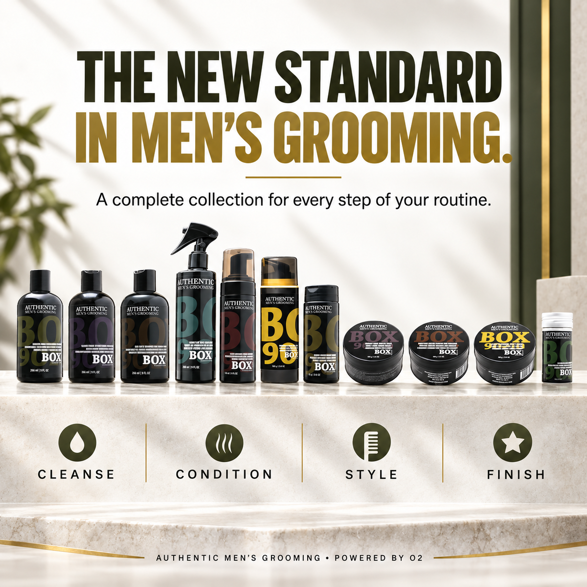 BOX90210 men’s grooming bottles, sprays, styling jars and wax stick lined up on a light stone counter above cleanse, condition, style and finish icons.