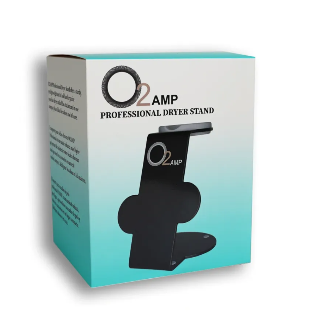 O2AMP professional dryer stand packaging on a white background