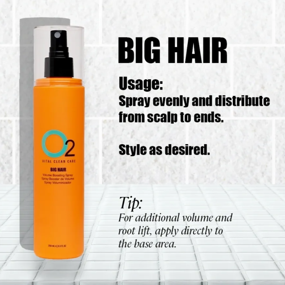Orange hair spray bottle with usage instructions on a textured white background