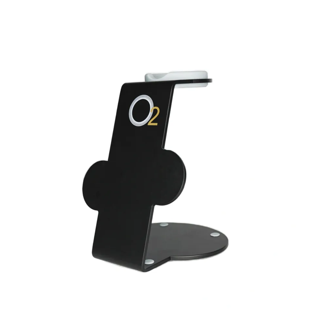 Black phone stand with 'O2' branding on a white background