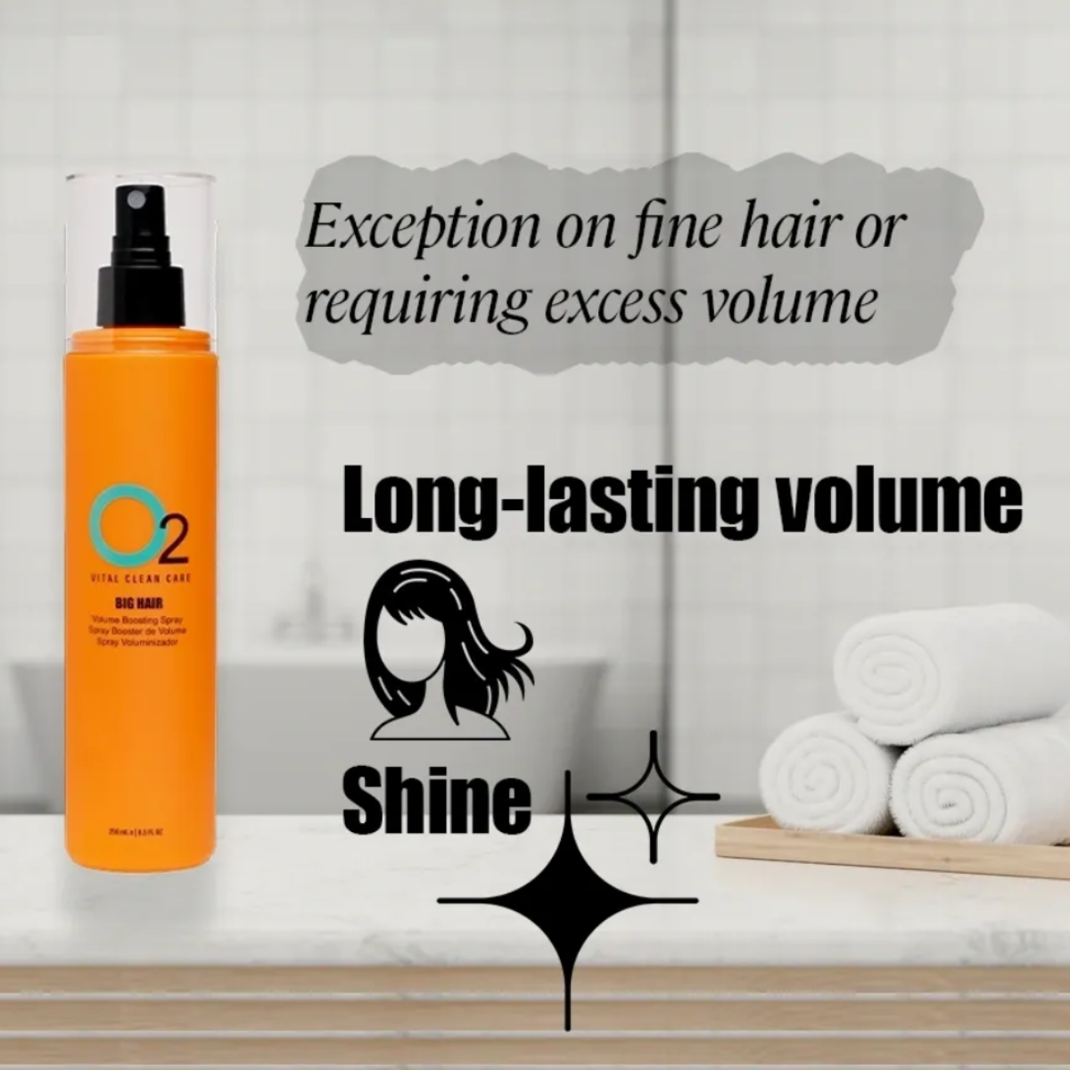 Orange hair spray bottle on a bathroom counter with text about hair care.