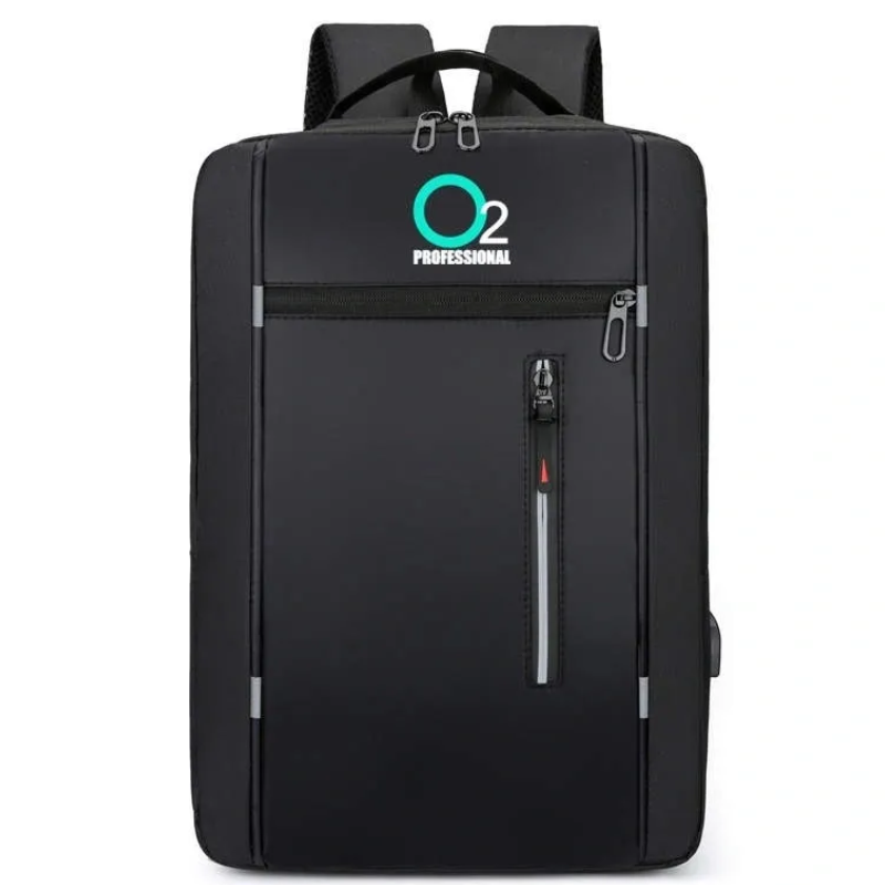 Black backpack with O2 Professional logo on a white background