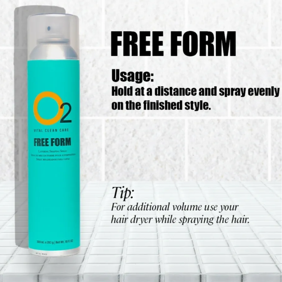O2 Free Form hair spray can with usage instructions on a textured white background
