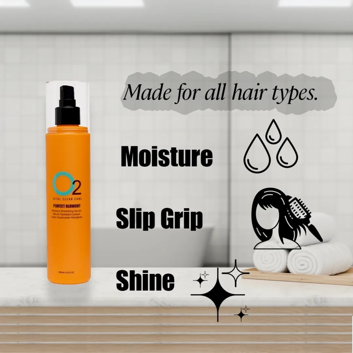 Orange hair product bottle with text about hair care benefits on a neutral background