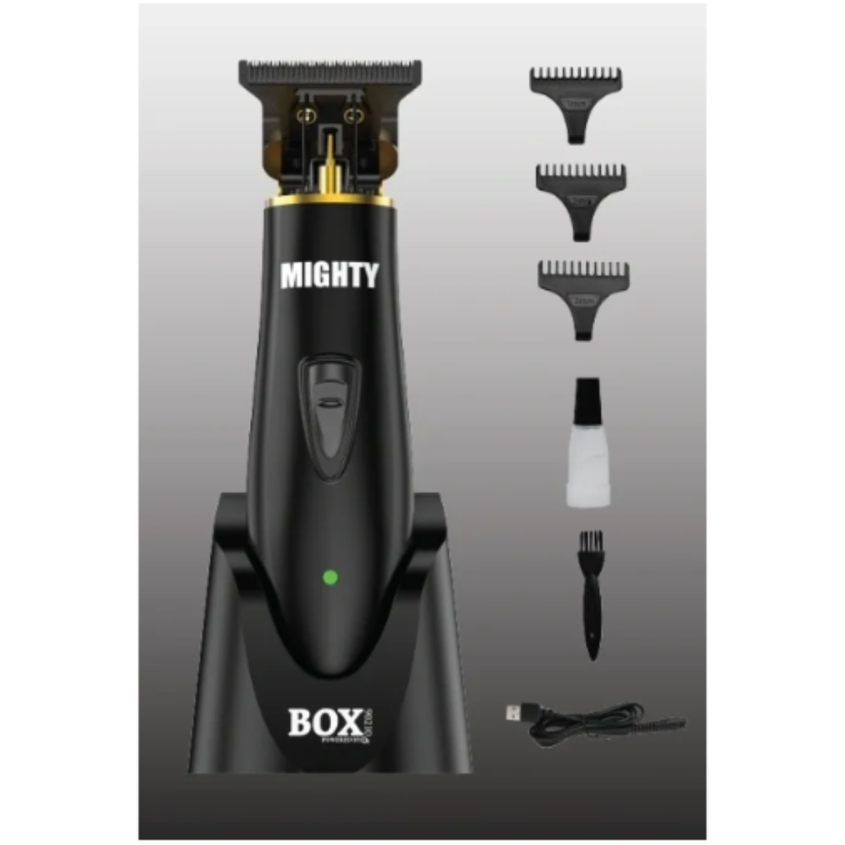 Hair trimmer set with attachments on a gray background
