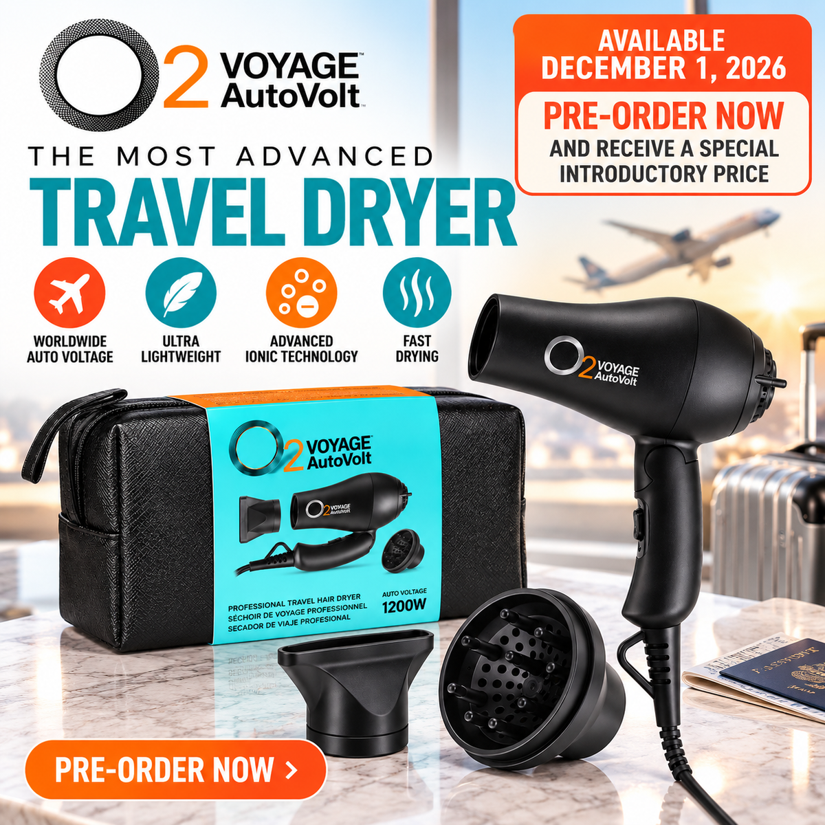 O2VOYAGE AutoVolt black travel hair dryer with concentrator nozzle, diffuser and travel case, advertised for preorder with availability December 1, 2026.