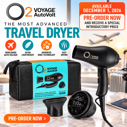 O2VOYAGE AutoVolt black travel hair dryer with concentrator nozzle, diffuser and travel case, advertised for preorder with availability December 1, 2026.