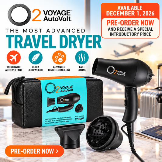 O2VOYAGE AutoVolt black travel hair dryer with concentrator nozzle, diffuser and travel case, advertised for preorder with availability December 1, 2026.