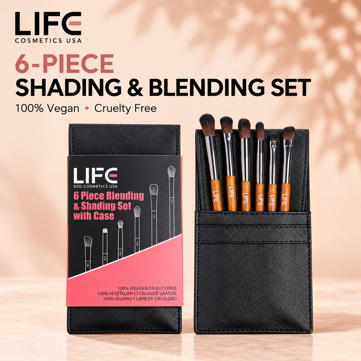 LIFE Cosmetics USA six-piece blending and shading brush set with wooden handles, black pouch and retail packaging.