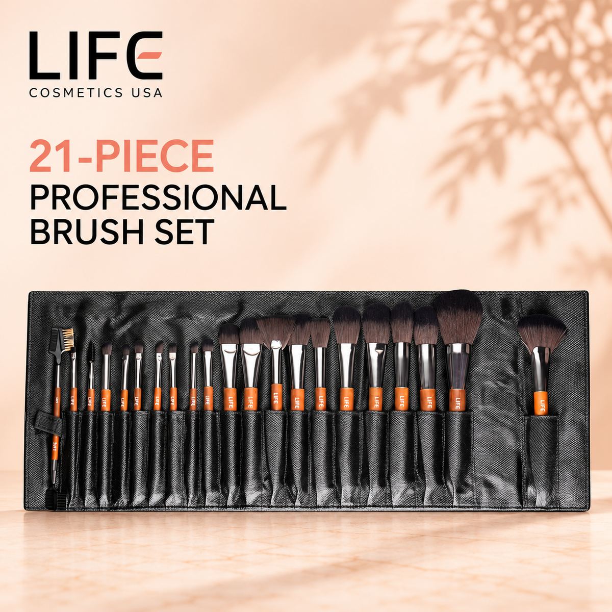 LIFE Cosmetics USA 21-piece professional makeup brush set with wooden handles arranged in an open black roll-up pouch.