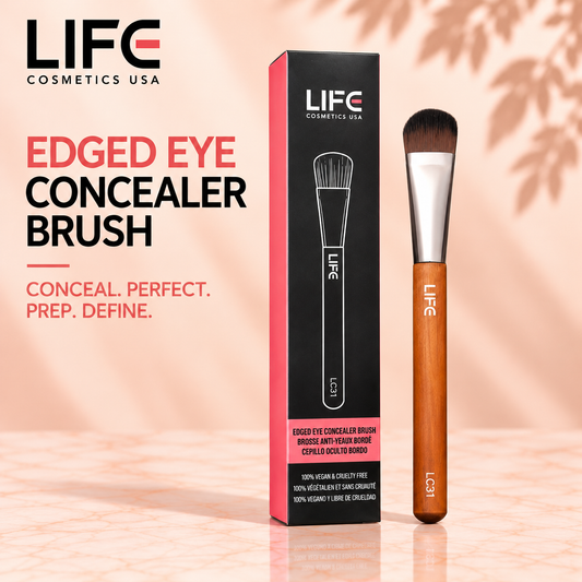 LIFE Cosmetics USA LC31 Edged Eye Concealer Brush with a wooden handle beside its black and pink retail box.