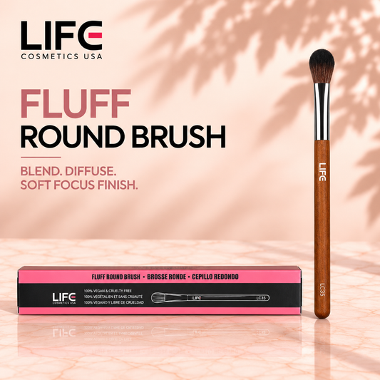 LIFE Cosmetics USA LC35 Fluff Round Brush with rounded bristles and a wooden handle beside its black and pink retail box.
