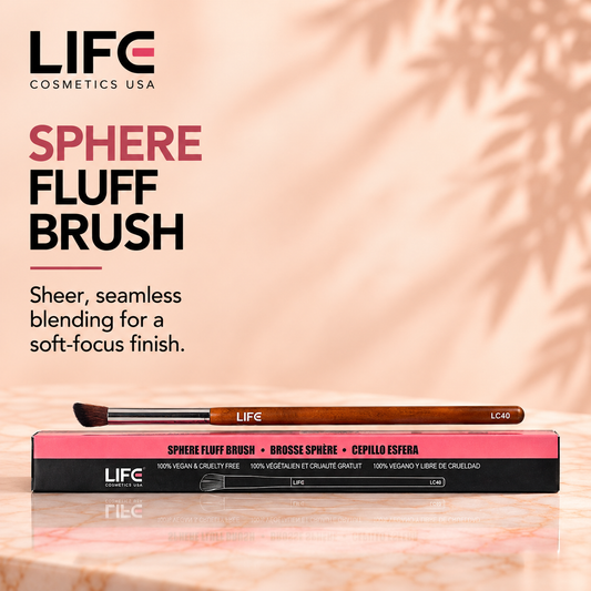 LIFE Cosmetics USA LC40 Sphere Fluff Brush with a wooden handle resting above its black and pink retail box.