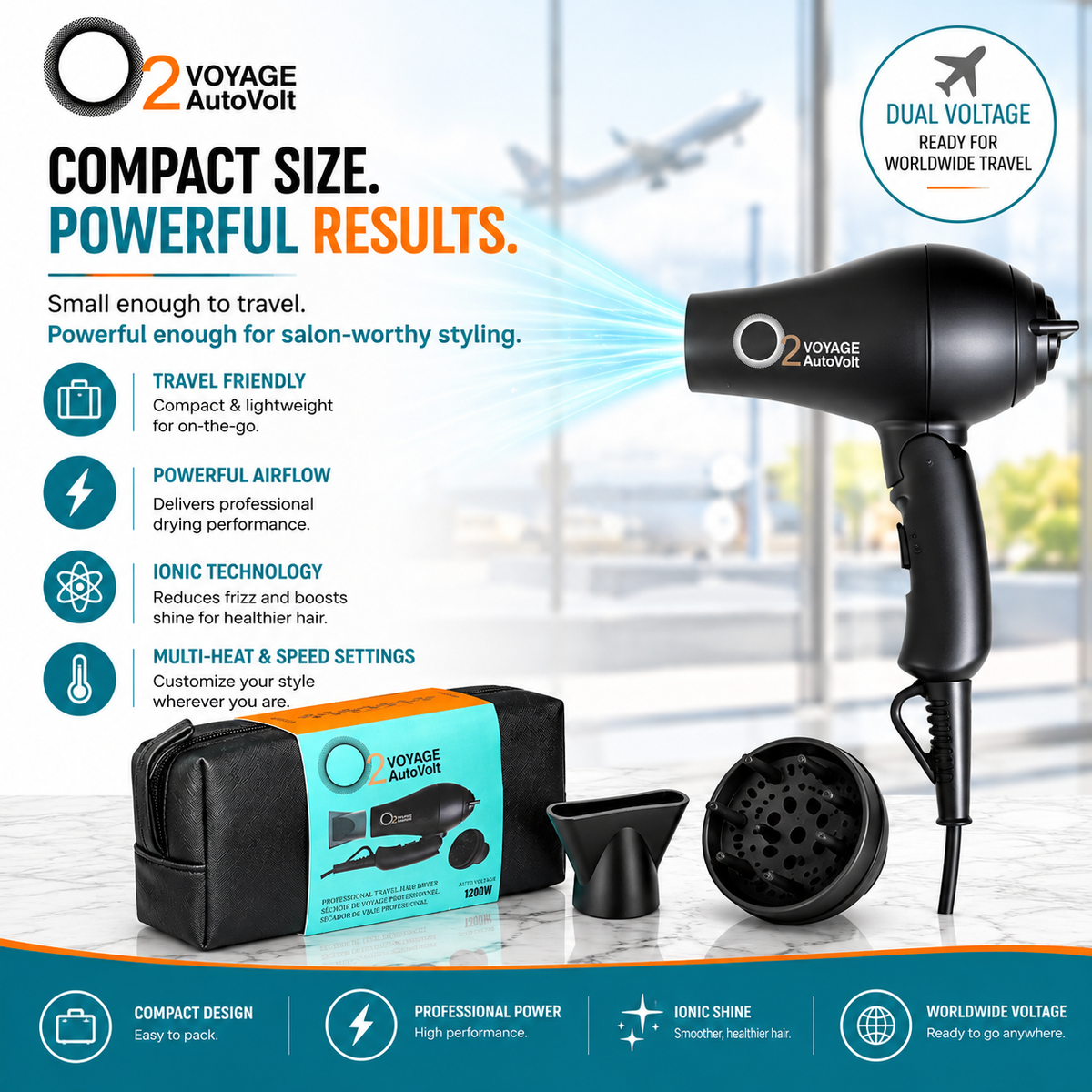 O2VOYAGE AutoVolt travel hair dryer with case, concentrator and diffuser, alongside graphics highlighting compact design, dual voltage, ionic technology, and heat and speed settings.