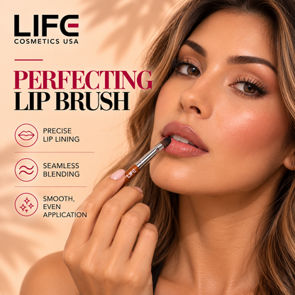Woman applying lip color with the LIFE Cosmetics USA LC56 Perfecting Lip Brush beside icons for precise lip lining, seamless blending and smooth, even application.