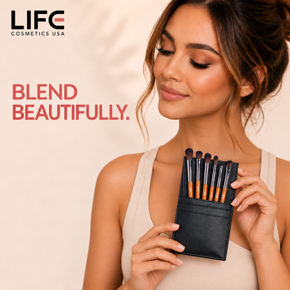 Woman holding the LIFE Cosmetics USA six-piece blending and shading brush set in an open black pouch.