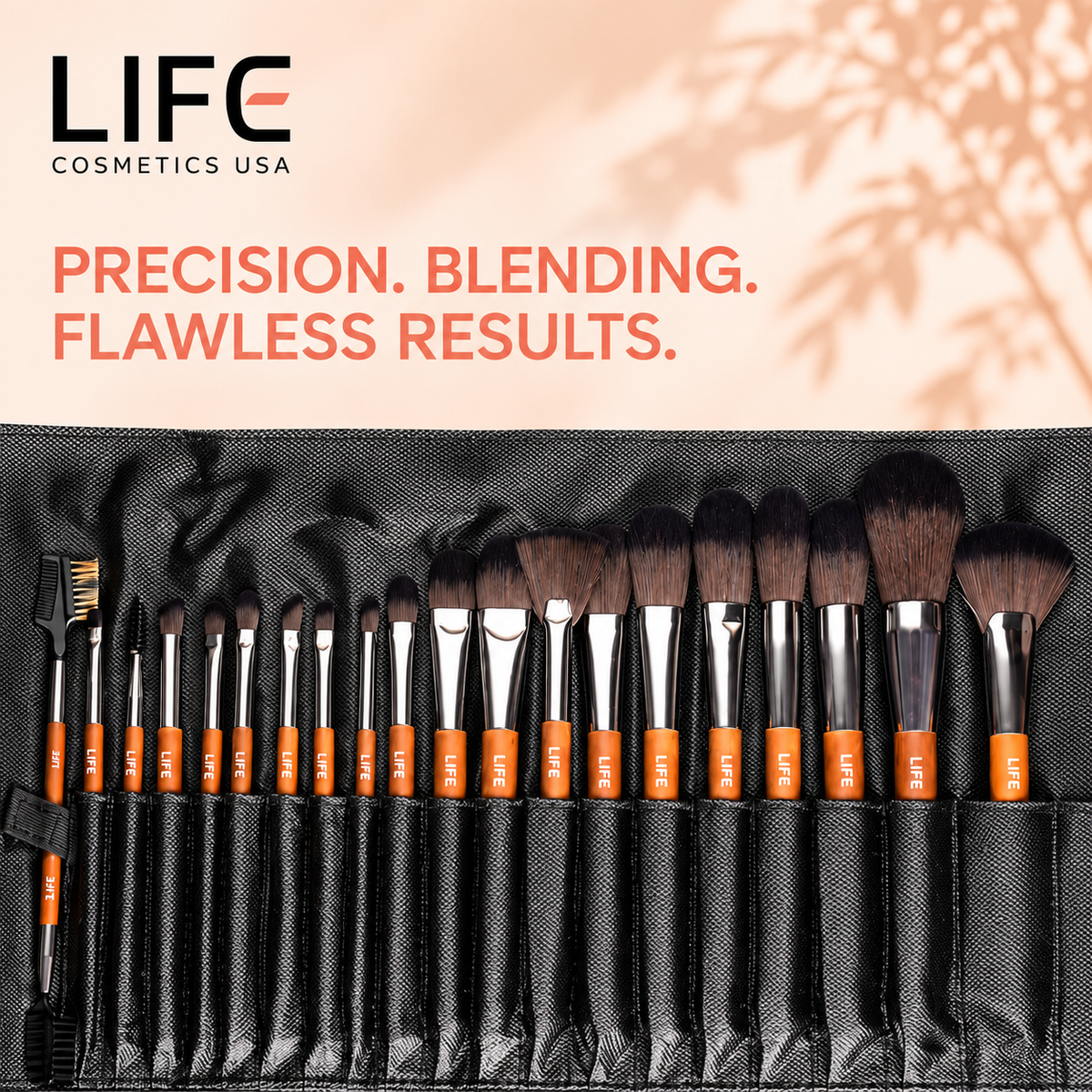 Close-up of LIFE Cosmetics USA professional makeup brushes with varied bristle shapes and wooden handles in a black roll-up pouch.