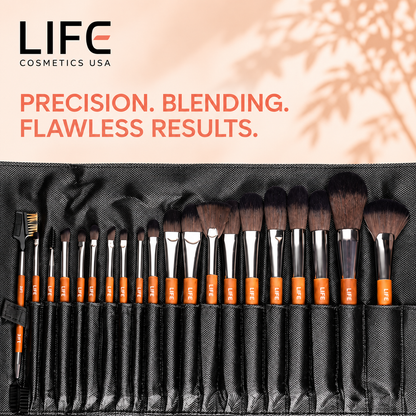 Close-up of LIFE Cosmetics USA professional makeup brushes with varied bristle shapes and wooden handles in a black roll-up pouch.
