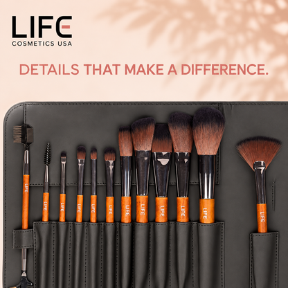 Close-up of the LIFE Cosmetics USA 12-piece primary makeup brush set, showing varied brush shapes and wooden handles in a black pouch.
