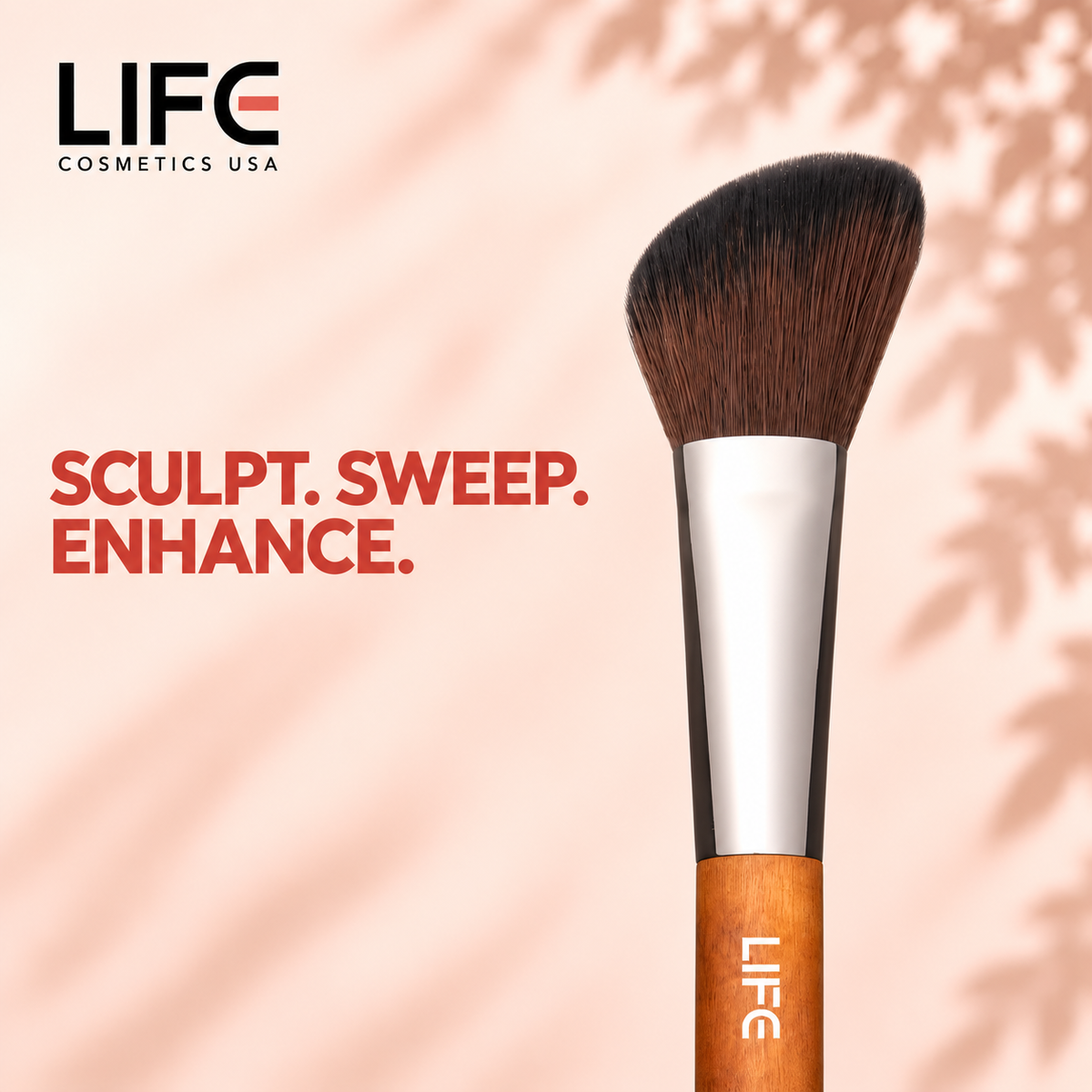 Close-up of the LIFE Cosmetics USA LC25 Angled Blush Brush showing angled bristles, a silver ferrule and wooden handle.
