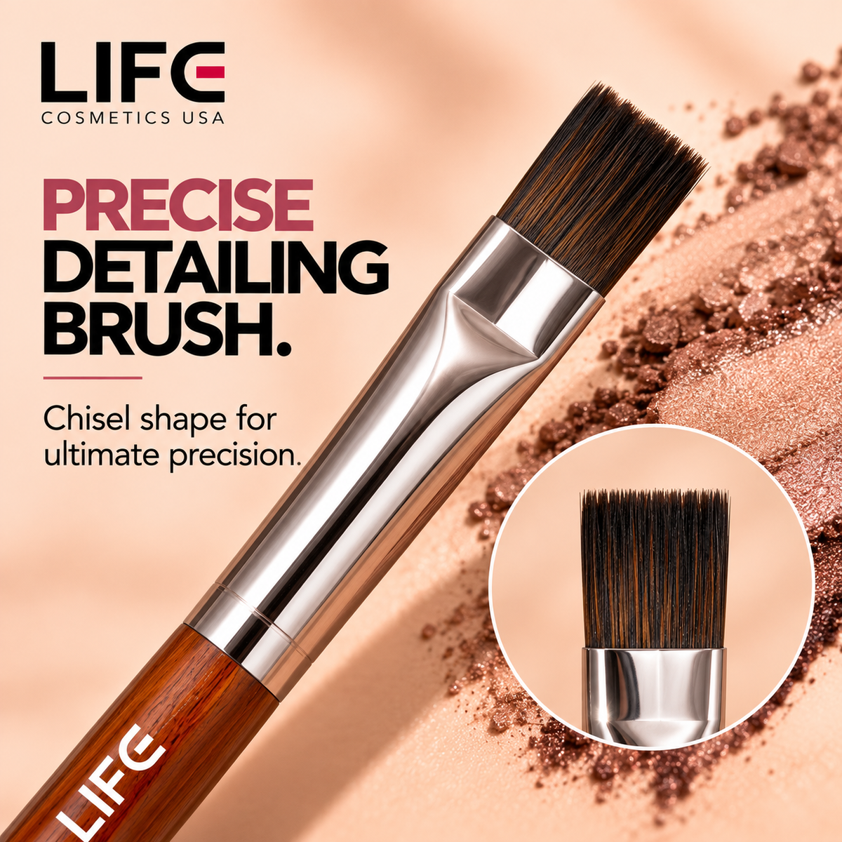 Close-up of the LIFE Cosmetics USA LC45 Chisel Detailing Brush with flat bristles, a silver ferrule and a circular bristle detail inset.