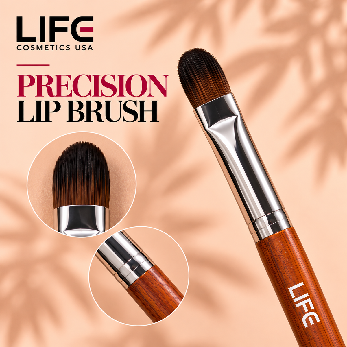 Close-up of the LIFE Cosmetics USA LC55 Precision Lip Brush with rounded dark bristles, a silver ferrule and wooden handle, with two circular insets highlighting the bristles and handle connection.