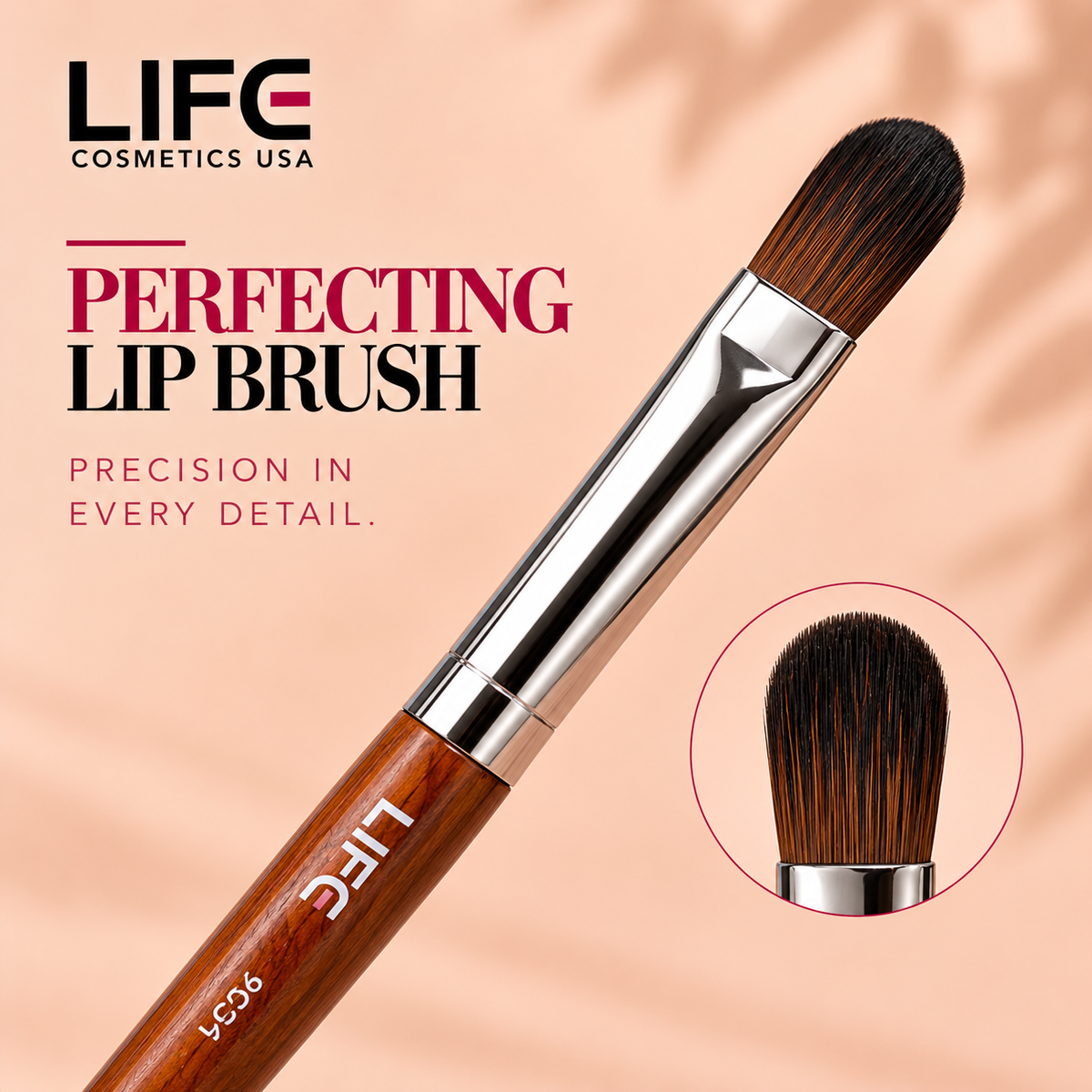 Close-up of the LIFE Cosmetics USA LC56 Perfecting Lip Brush with rounded dark bristles, a silver ferrule and wooden handle, with a circular inset highlighting the bristle shape.