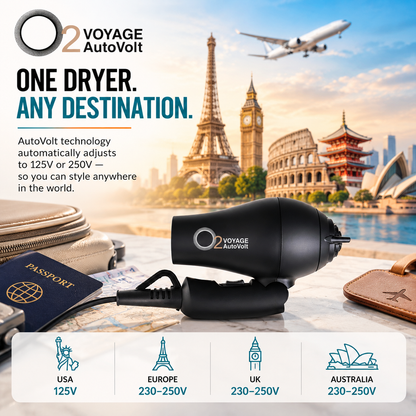 Folded O2VOYAGE AutoVolt travel hair dryer beside a passport and luggage, with international landmarks and a graphic explaining automatic voltage adjustment for worldwide travel.