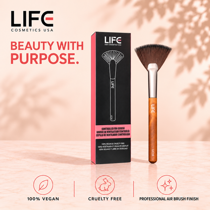 LIFE Cosmetics USA LC16 fan brush and retail box with icons labeled vegan, cruelty free and professional airbrush finish.