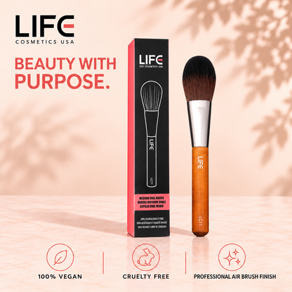 LIFE Cosmetics USA LC11 brush and retail box with icons labeled vegan, cruelty free and professional airbrush finish.