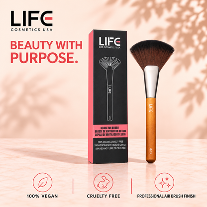 LIFE Cosmetics USA LC15 fan brush and retail box with icons labeled vegan, cruelty free and professional airbrush finish.