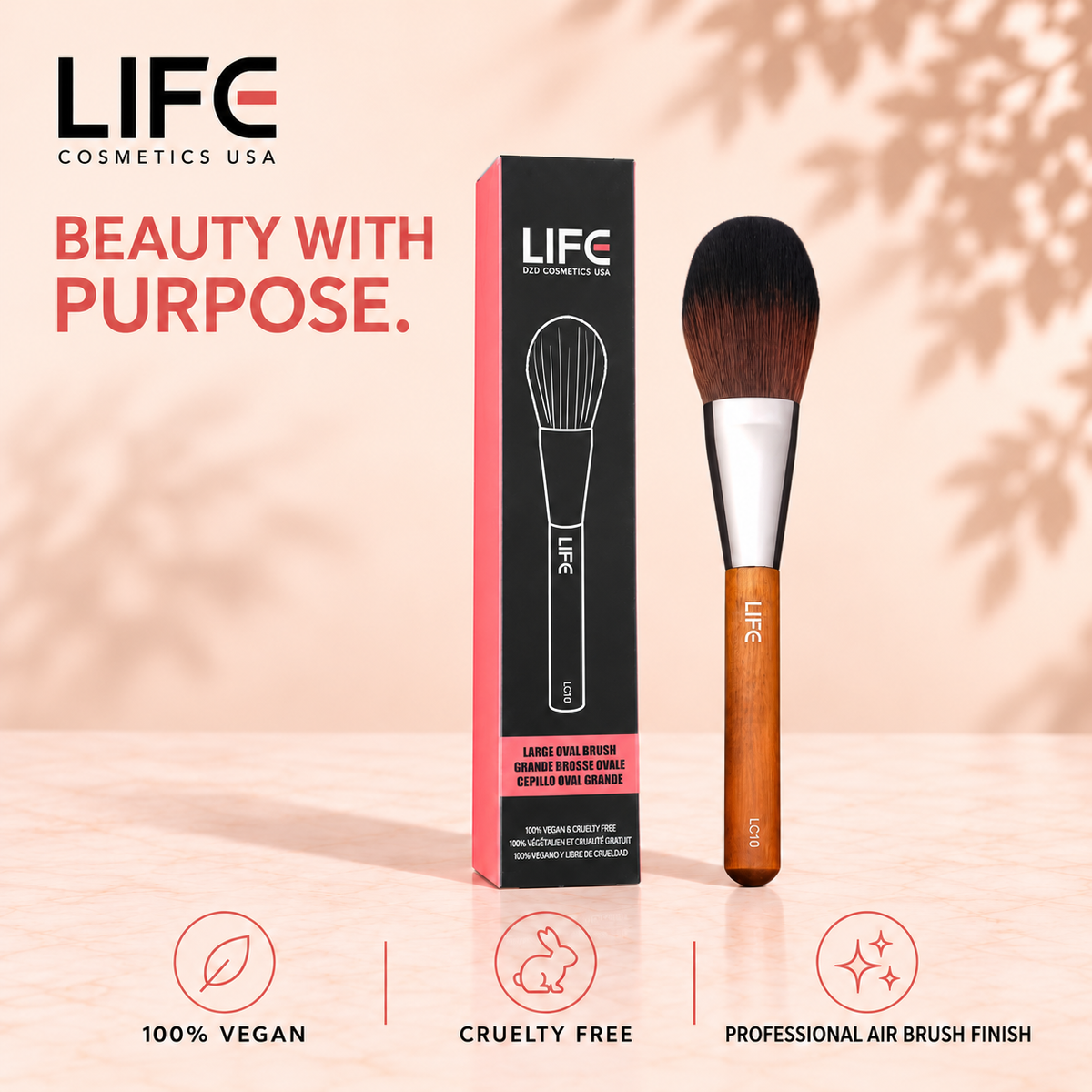 LIFE Cosmetics USA LC10 brush and retail box with icons labeled vegan, cruelty free and professional airbrush finish.