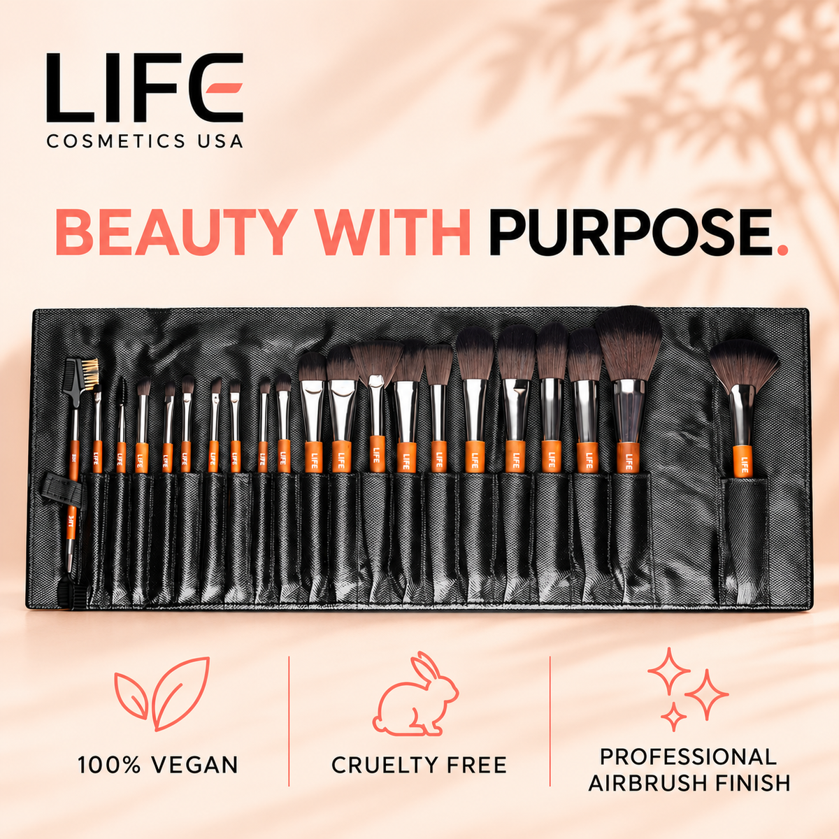 LIFE Cosmetics USA 21-piece brush set in a black pouch with icons labeled vegan, cruelty free and professional airbrush finish.
