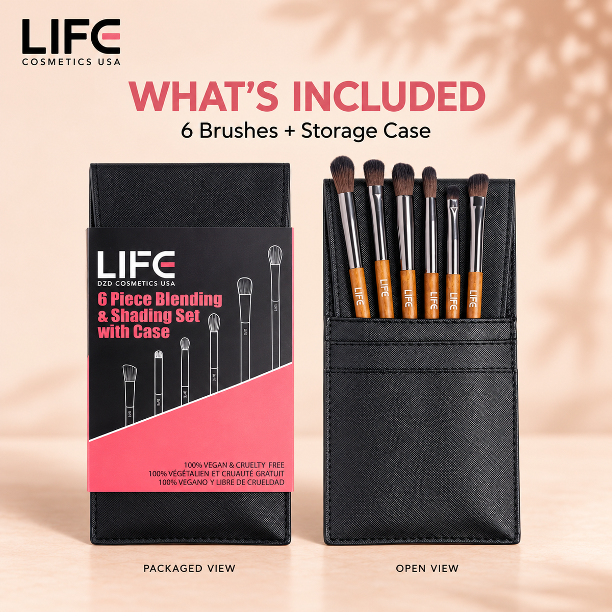 LIFE Cosmetics USA six-piece blending and shading brush set shown packaged and open, with six brushes and a black storage case.