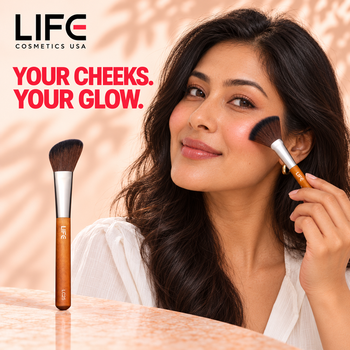 Woman with long dark hair applying blush with the LIFE Cosmetics USA LC25 Angled Blush Brush, beside a full-length view of the brush.