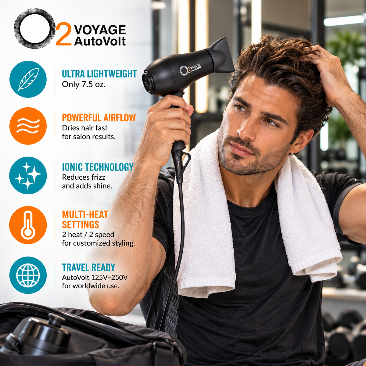 Man with a towel around his shoulders styling his hair with an O2VOYAGE AutoVolt dryer in a gym, beside graphics highlighting lightweight design, ionic technology and worldwide voltage.