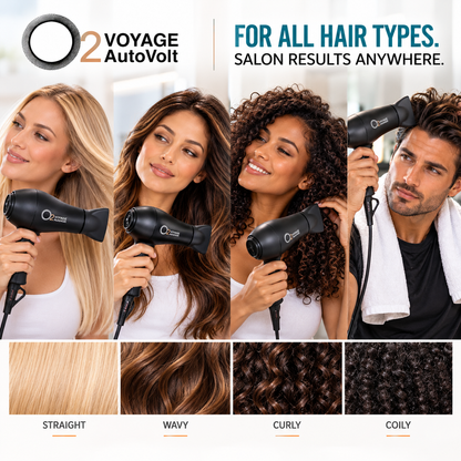 Four models using O2VOYAGE AutoVolt hair dryers, above close-up examples labeled straight, wavy, curly and coily hair, with the headline “For all hair types.”