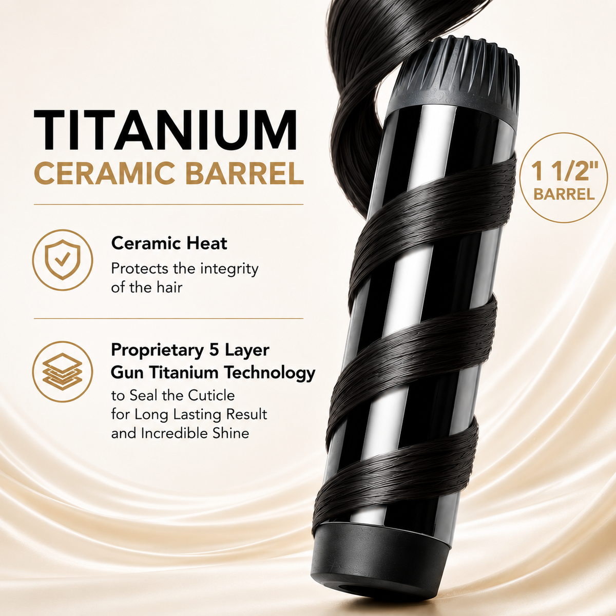 O2TEXTURE 1.5-inch titanium ceramic barrel with a strand of dark hair wrapped around it beside technology callouts.