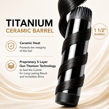 O2TEXTURE 1.5-inch titanium ceramic barrel with a strand of dark hair wrapped around it beside technology callouts.