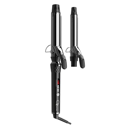 O2TEXTURE interchangeable curling iron with one barrel attached to the digital handle and a second barrel beside it.