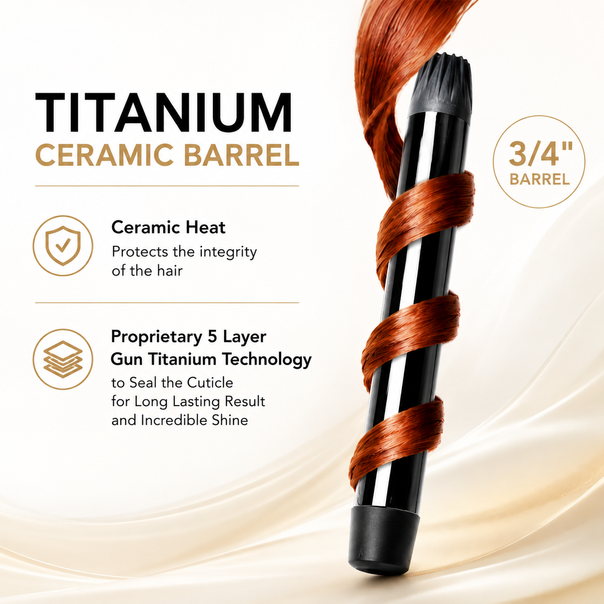 O2TEXTURE 0.75-inch titanium ceramic barrel with a strand of red hair wrapped around it beside technology callouts.