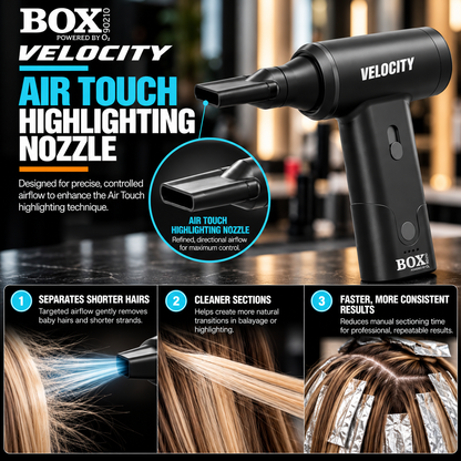 BOX90210 VELOCITY with an Air Touch highlighting nozzle, a close-up of its flat opening and three hair-sectioning panels.