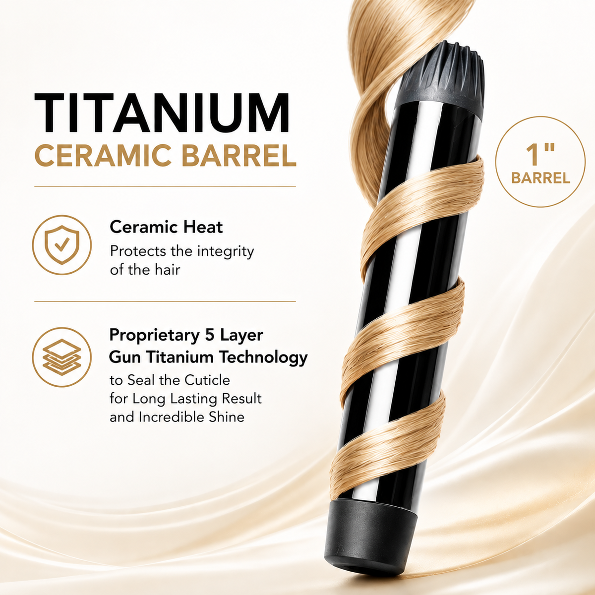 O2TEXTURE 1-inch titanium ceramic barrel with a strand of blonde hair wrapped around it beside technology callouts.