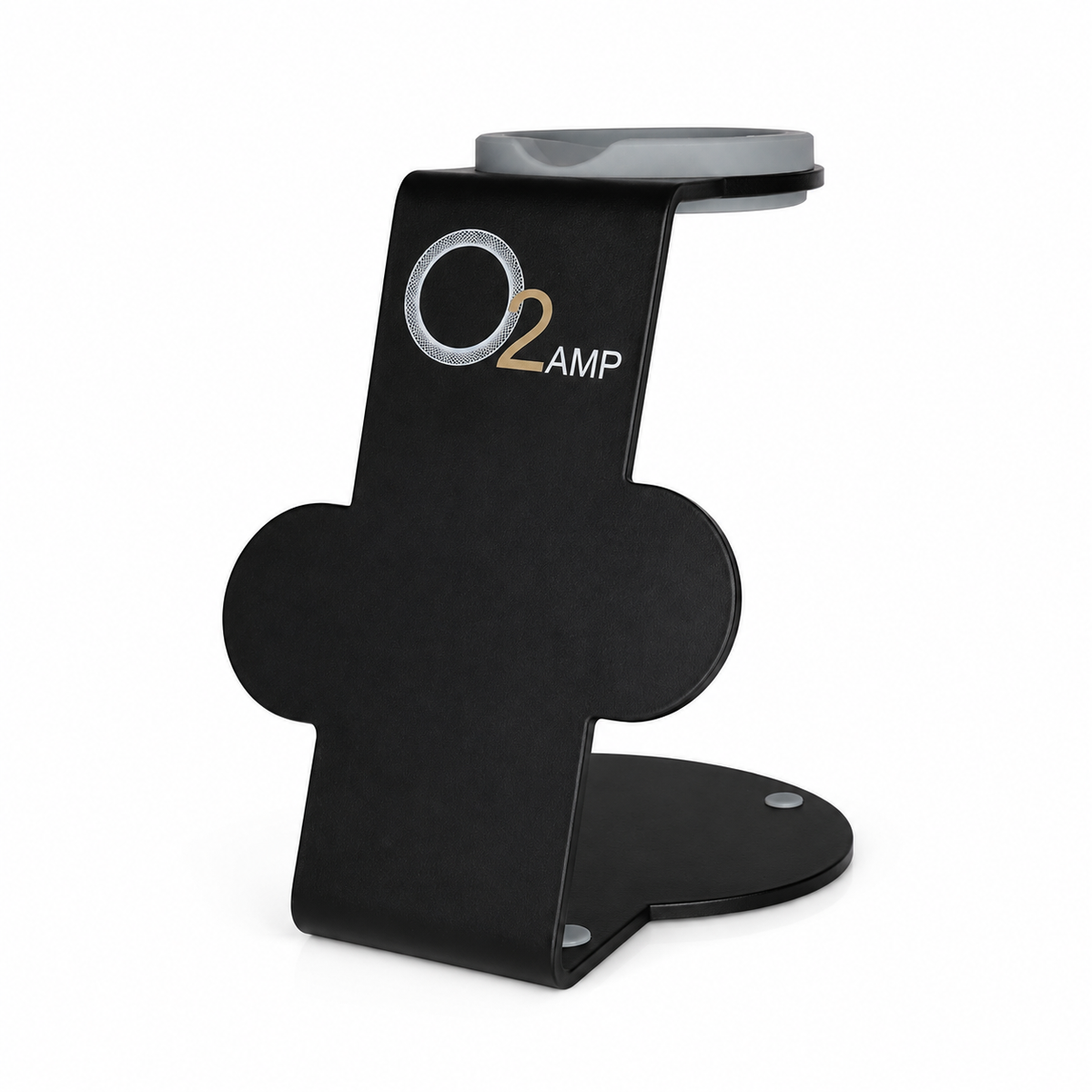 Black O2AMP Professional dryer stand with a gray top cradle, O2AMP logo, two circular attachment holders, and a rounded base on white.