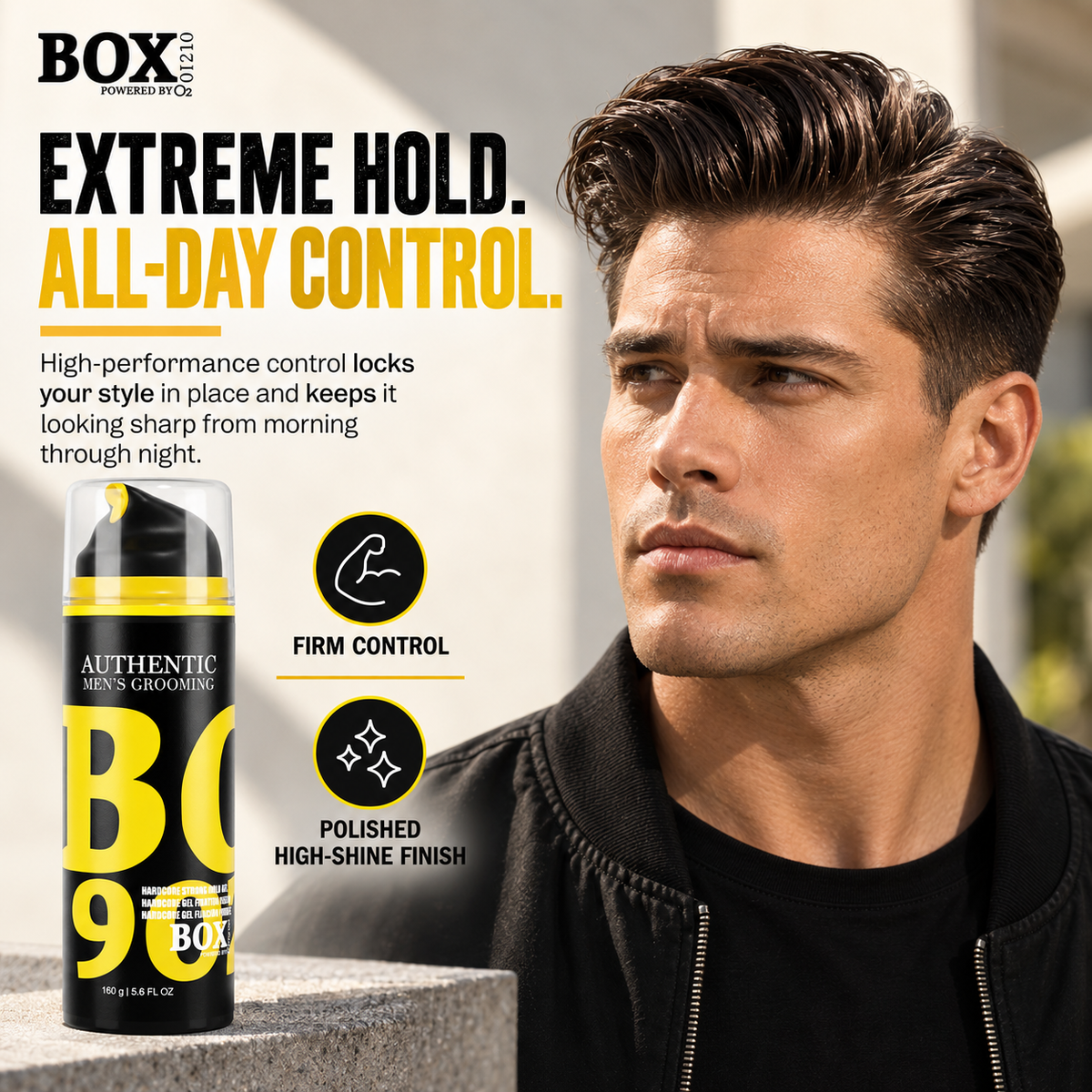 Man with a swept-back pompadour beside a BOX90210 Hardcore Strong Hold Gel bottle and icons labeled firm control and polished high-shine finish.