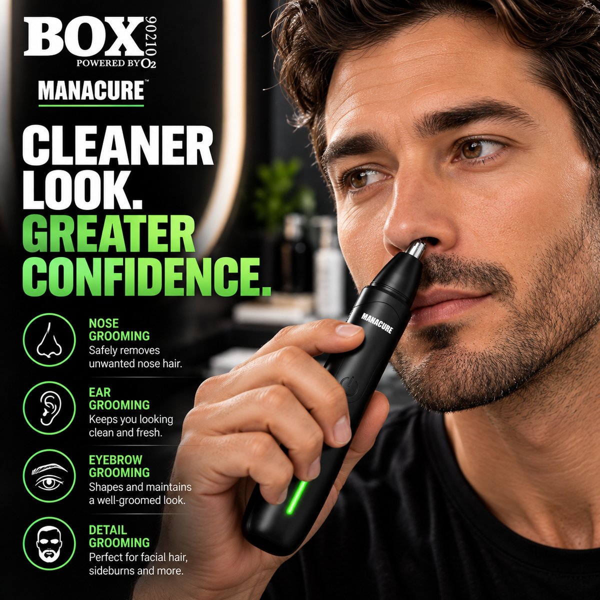 Man using a black MANACURE trimmer at his nostril beside icons for nose, ear, eyebrow and detail grooming.