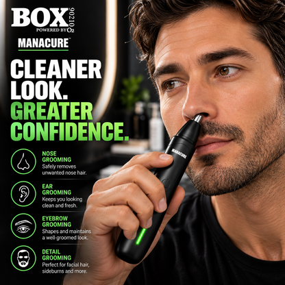 Man using a black MANACURE trimmer at his nostril beside icons for nose, ear, eyebrow and detail grooming.