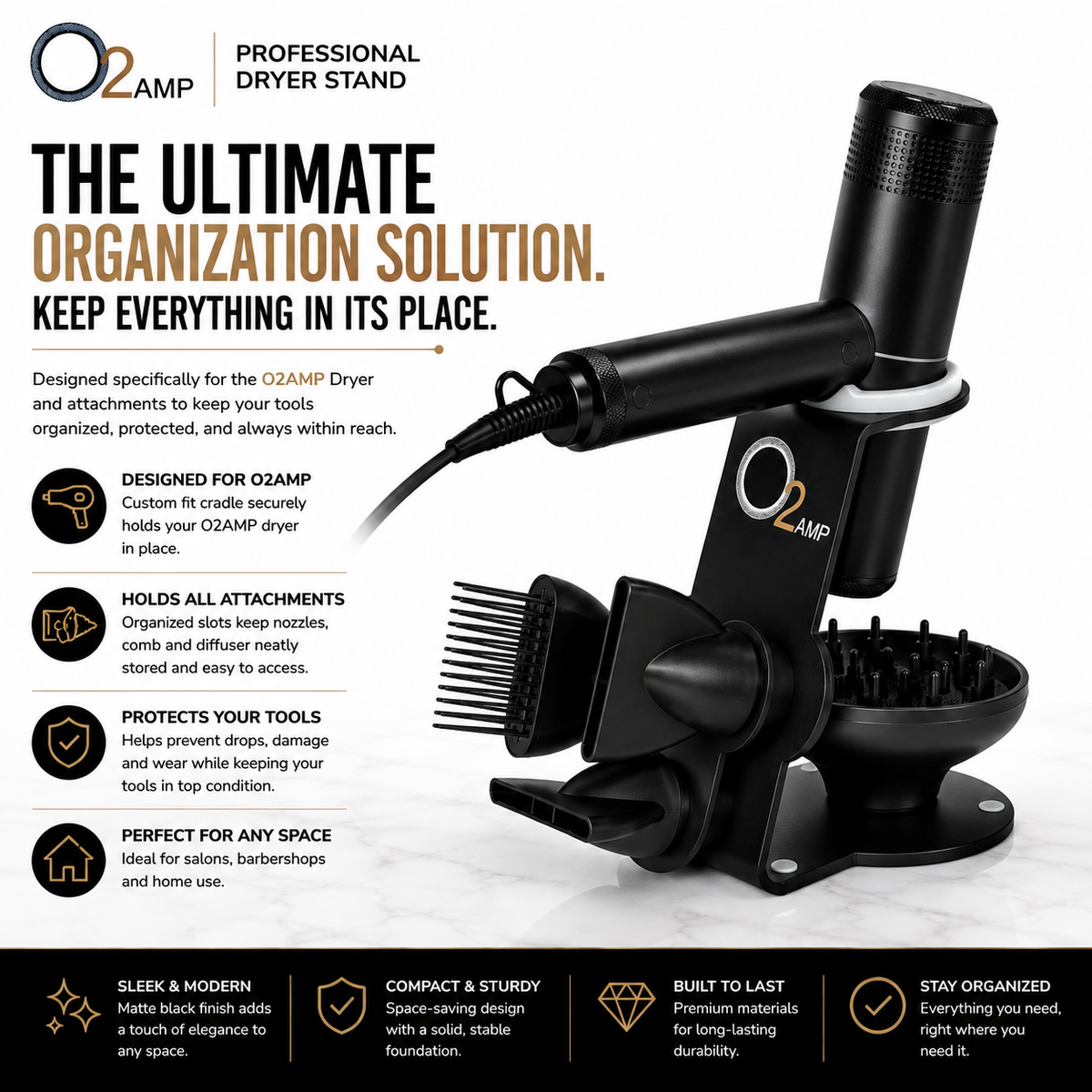 O2AMP dryer stand holding a black dryer, comb, two nozzles, and diffuser beside a graphic highlighting organized attachment storage.