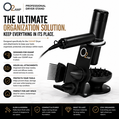 O2AMP dryer stand holding a black dryer, comb, two nozzles, and diffuser beside a graphic highlighting organized attachment storage.