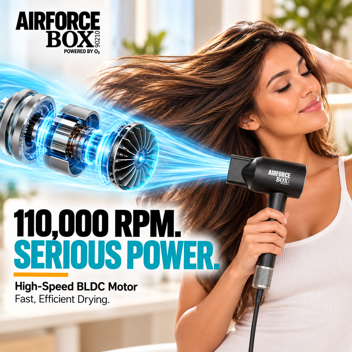BOX90210 AIRFORCE graphic showing an exploded motor illustration with blue airflow beside a woman holding the hair dryer.
